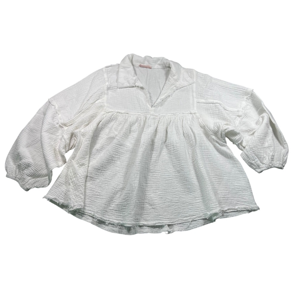 Ces Femme Womens Large White Cotton Gauze Babydoll Blouse Raw Hem Boho Tunic